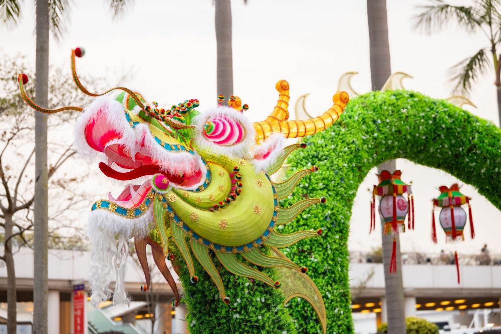 Dancing Dragon with Lanterns to Greet the New Year